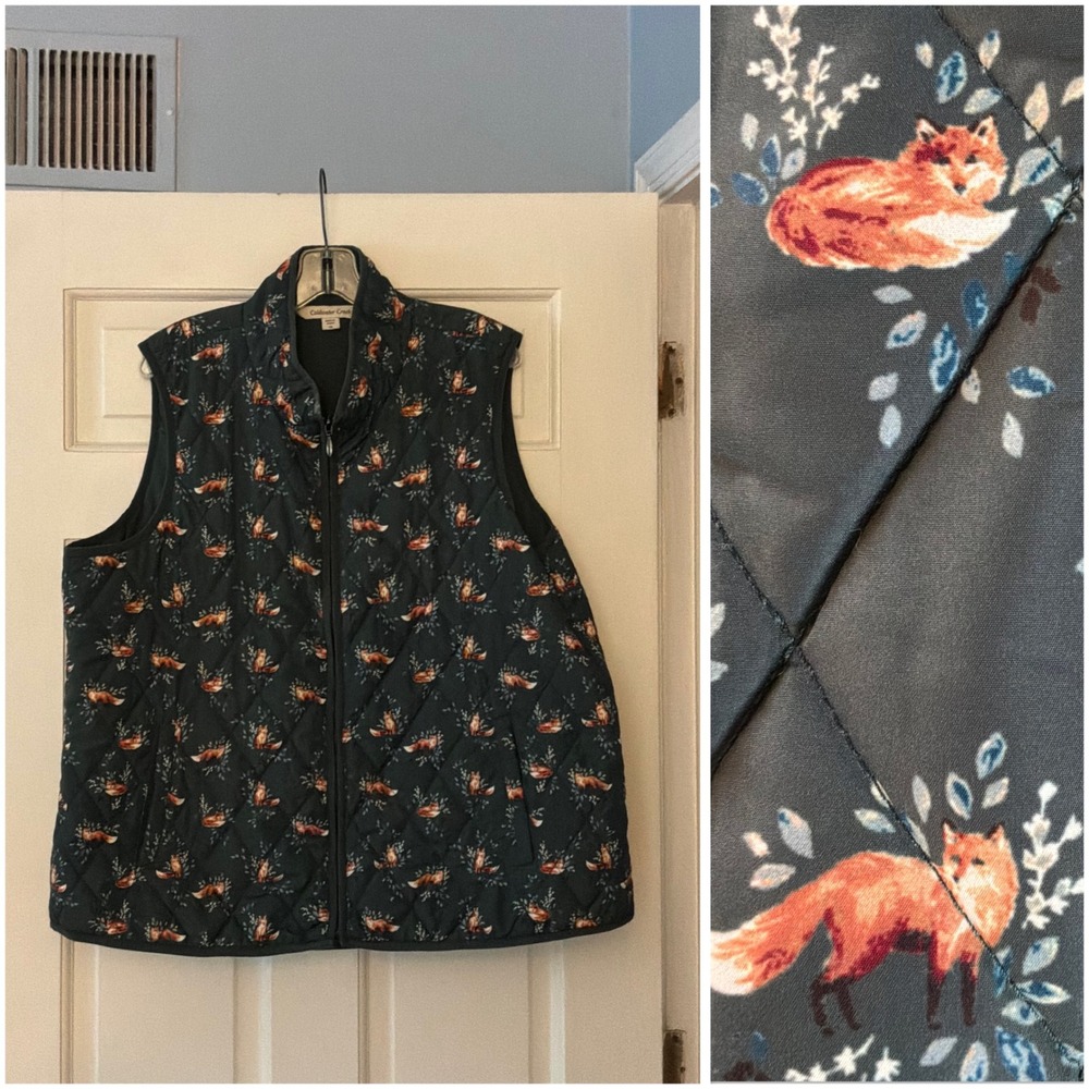 Coldwater Creek Quilted Fox Print Puffer Vest Woodland Nature 1X Cotagecore